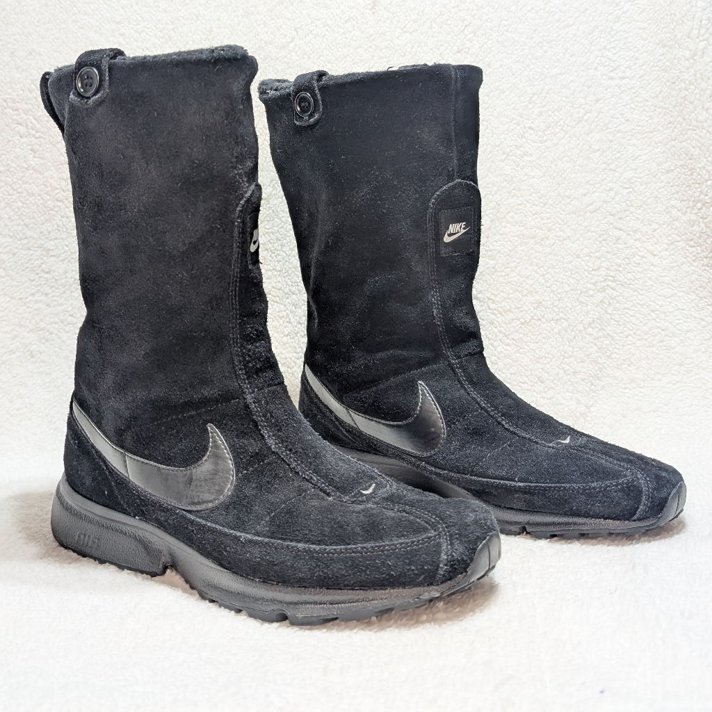 Vintage Nike Air Y2k Women's 9 Wafflo Black Suede Fold-Over Mid-Calf Boots Knit